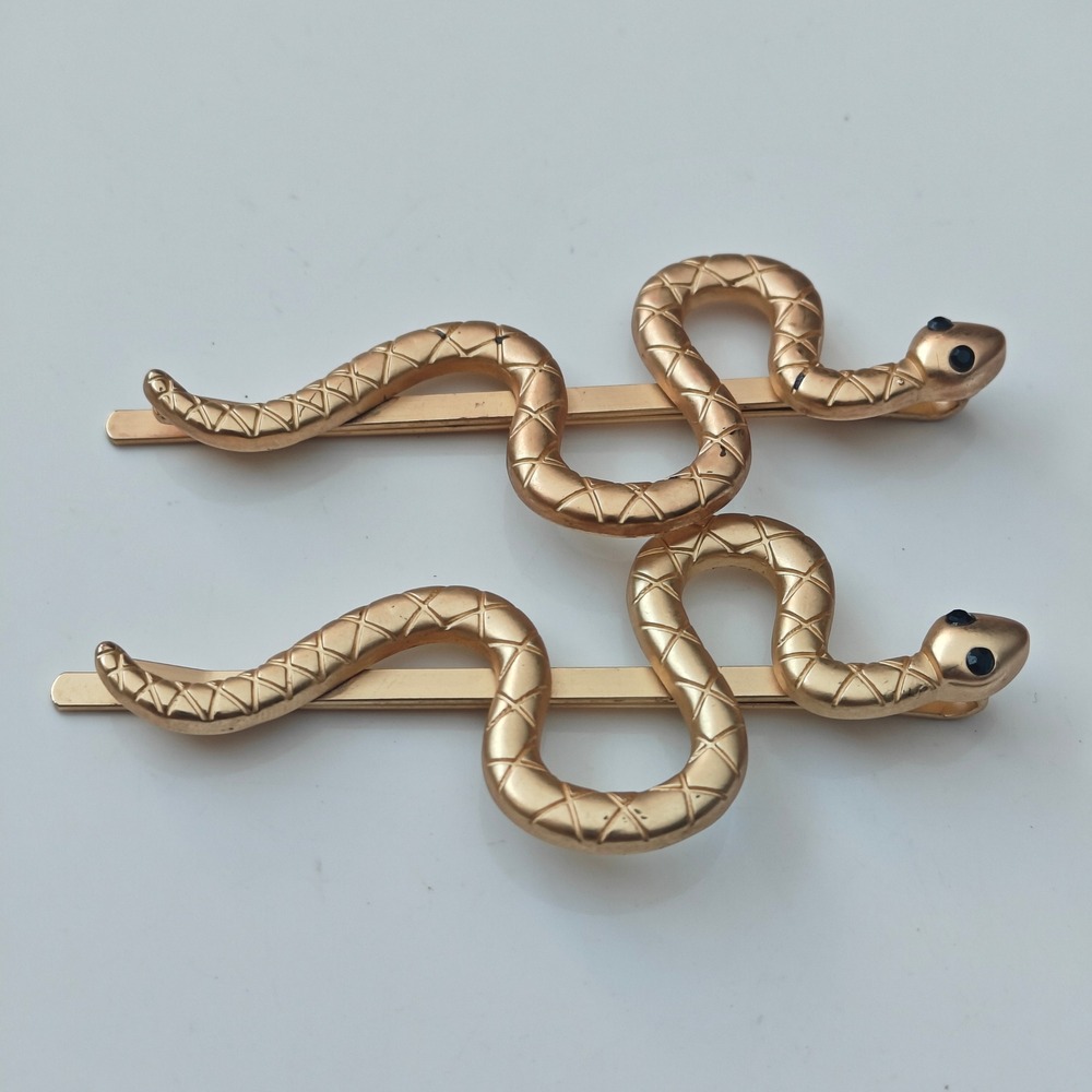 Gold Snake Hair Pins Set Black Rhinestone Eye Serpent Bobby Clips 2pc - Picture 2 of 5